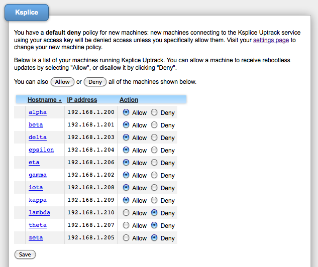 Ksplice Uptrack screenshot: Access policies