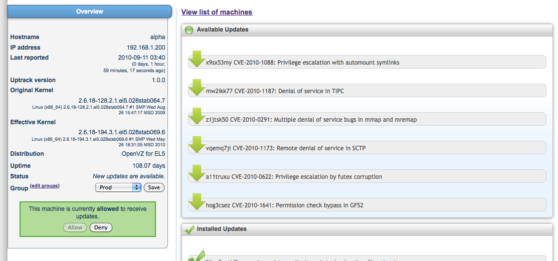 Ksplice Uptrack screenshot: Machine detail